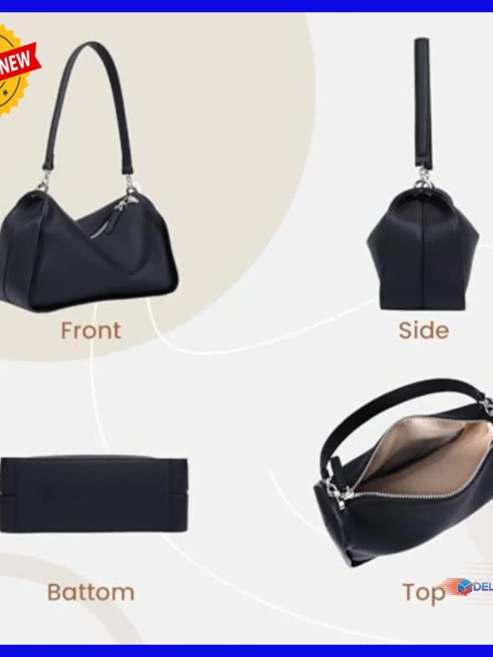 Full-Grain Leather Hobo Crossbody Bag Adjustable Strap Women's Handbag